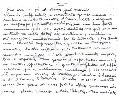L’immagine riproduce la fotocopia della terza facciata della lettera di Emanuele Tiliacos ai suoi cari. Qui, come si nota dalle due righe di interruzione tracciate nella parte alta dell’immagine, finisce la lettera vera e propria e comincia il suo testamento spirituale.