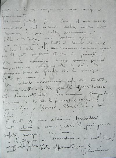 L’immagine riproduce la seconda facciata del messaggio scritto da Emiliano Rinaldini ai familiari, il giorno in cui abbandonò la Caserma A. Papa per ricongiungersi coi partigiani.