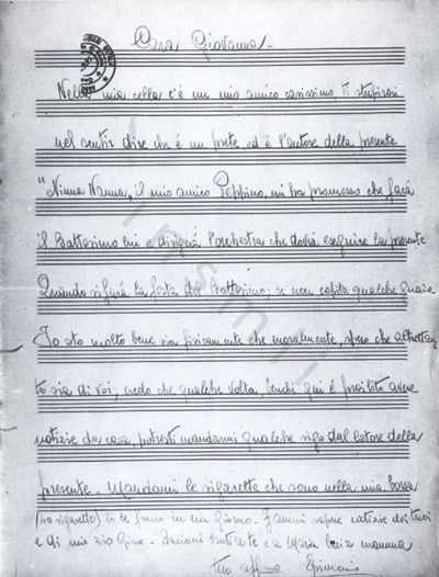 L’immagine riproduce l’ultima lettera di Epimenio Liberi alla moglie, scritta su un foglio di carta da musica.