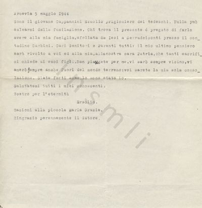 L’immagine riproduce la trascrizione a macchina dell’ultima lettera di Eraclio Cappannini alla famiglia, scritta e abbandonata lungo la strada verso il luogo della sua esecuzione.