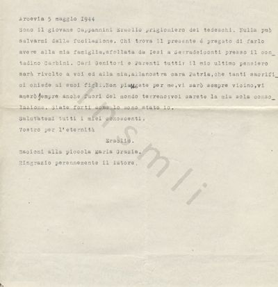 L’immagine riproduce la trascrizione a macchina dell’ultima lettera di Eraclio Cappannini alla famiglia, scritta e abbandonata lungo la strada verso il luogo della sua esecuzione.