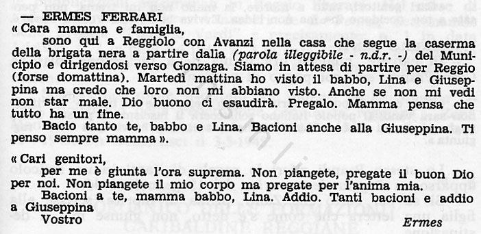 L’immagine riproduce la trascrizione a stampa di entrambi i messaggi di Ermes Ferrari.