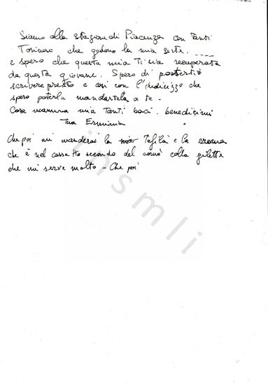 L’immagine riproduce la trascrizione dell’ultima lettera di Erminia Morello, scritta alla madre dalla stazione di Piacenza.