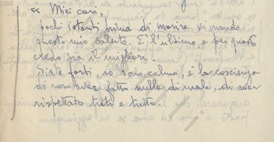 L’immagine riproduce la trascrizione dell’ultima lettera di Ermete Voglino, fatta dal padre Vincenzo e contenuta in una lettera indirizzata dal genitore del condannato a Piero Malvezzi e Giovanni Pirelli, curatori del volume "Lettere dei condannati a morte della Resistenza italiana" in cui il testo fu pubblicato.