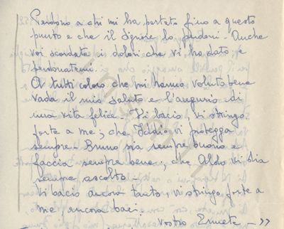 L’immagine riproduce la trascrizione dell’ultima lettera di Ermete Voglino, fatta dal padre Vincenzo e contenuta in una lettera indirizzata dal genitore del condannato a Piero Malvezzi e Giovanni Pirelli, curatori del volume "Lettere dei condannati a morte della Resistenza italiana" in cui il testo fu pubblicato.