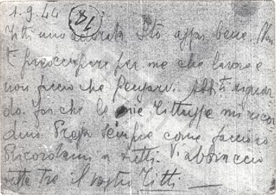 L’immagine riproduce la fotocopia dell’ultima lettera di Eros Lanfranco, scritta alla moglie dal Campo di Melk.
