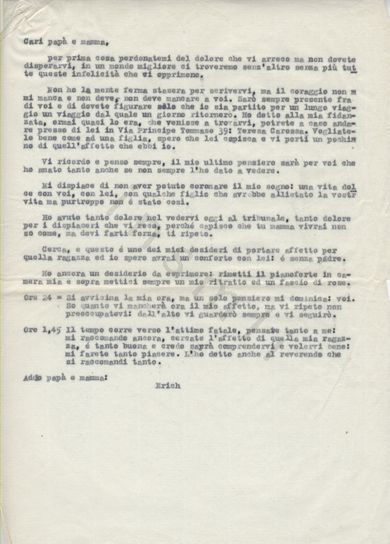 L’immagine riproduce la trascrizione a macchina dell’ultima lettera scritta da Errico Giachino ai genitori.