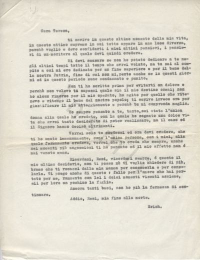 L’immagine riproduce la trascrizione a macchina dell’ultima lettera scritta da Errico Giachino all’amata Teresa Carossa.
