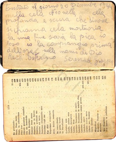 L’immagine riproduce il messaggio scritto con una penna blu da Esterino Rech accanto a pag. 510 del libro "Massime eterne".