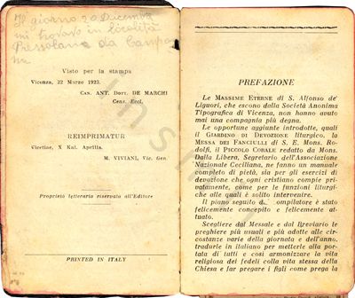 L’immagine riproduce il messaggio scritto a matita da Esterino Rech accanto alla prefazione del libro "Massime eterne".
