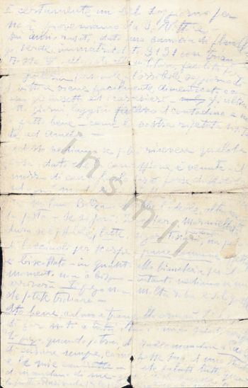 L’immagine riproduce il retro dell’ultima lettera di Ettore Archinti, scritta all’amica Giovanna Boccalini. Il documento è scritto con una matita blu su un foglio bianco. 