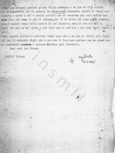 L’immagine riproduce la fotocopia della trascrizione dell’ultima lettera di Ettore Ardigò alla moglie.