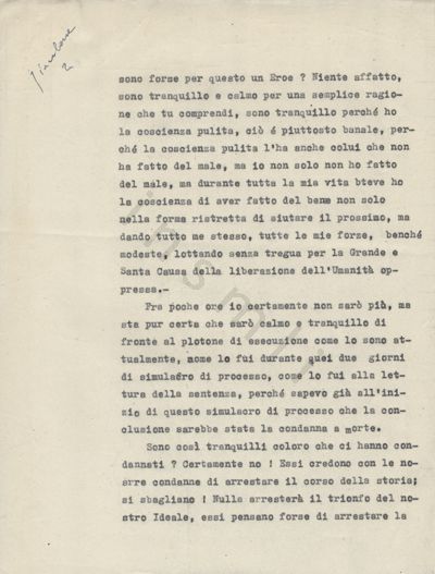 L’immagine riproduce la seconda pagina della trascrizione a macchina della lettera scritta da Eusebio Giambone alla moglie Luisetta, il giorno della sua condanna a morte. Nell’angolo in alto a sinistra si leggono il nome del partigiano caduto ed il numero 2, scritti a mano con una penna nera.