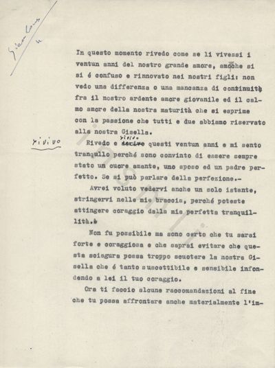 L’immagine riproduce la quarta pagina della trascrizione a macchina della lettera scritta da Eusebio Giambone alla moglie Luisetta, il giorno della sua condanna a morte. Nell’angolo in alto a sinistra si leggono il nome del partigiano caduto ed il numero 4, scritti a mano con una penna blu. In penna nera invece, sono segnate un paio di correzioni o interventi sul testo.