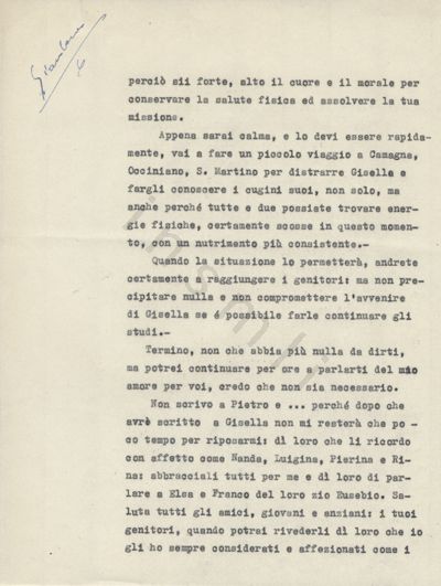 L’immagine riproduce la seconda pagina della trascrizione a macchina della lettera scritta da Eusebio Giambone alla moglie Luisetta, il giorno della sua condanna a morte. Nell’angolo in alto a sinistra si leggono il nome del partigiano caduto ed il numero 6, scritti a mano con una penna blu.
