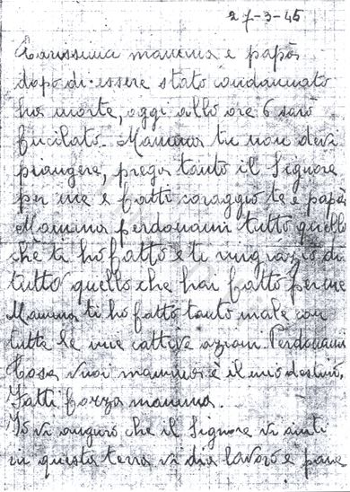 L’immagine riproduce la fotocopia della prima facciata dell’ultima lettera di Evandro Crippa ai genitori. Il documento originale è scritto con una matita sui due lati di un foglio a quadretti.