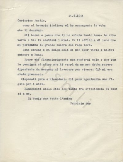 L’immagine riproduce la trascrizione a macchina dell’ultima lettera di Fabrizio Vassalli alla moglie Amelia, scritta il giorno della sua esecuzione.