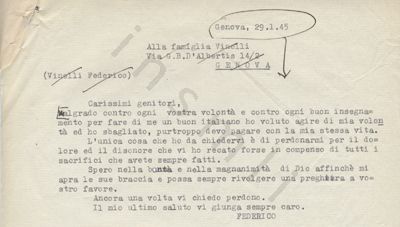 L’immagine riproduce la trascrizione a macchina dell’ultima lettera di Federico Vinelli ai genitori. Nel testo vi sono alcune cancellature e segni manoscritti con una penna nera. 
