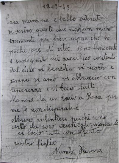 L’immagine riproduce la lettera scritta da Ferdinando Rivara ai genitori nell’imminenza della sua esecuzione. Il documento è scritto su un foglio a quadretti.