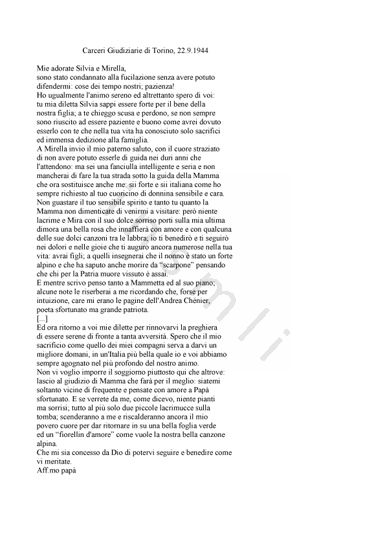 L’immagine riproduce la trascrizione dell’ultima lettera di Ferruccio Valobra, scritta il giorno stesso della sua esecuzione.