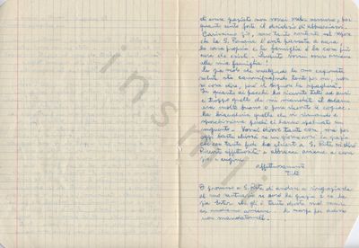 L’immagine riproduce la seconda (in bianco) e la terza facciata della trascrizione a mano della lettera di Fortunato Caccamo allo zio, scritta alcuni giorni prima della fucilazione. Il documento è scritto a penna blu su un foglio simil-protocollo a quadretti. L’originale (come annotato nella prima facciata) deve invece essere stato scritto a matita.
