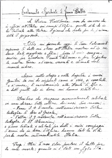 L’immagine riproduce probabilmente la prima facciata dell’ultimo scritto di Franco Balbis prima della fucilazione. Il documento dalla una scritta 