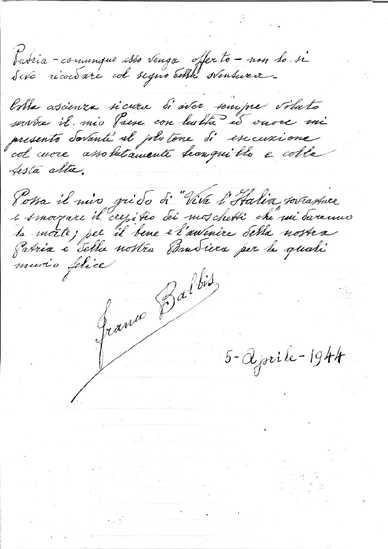 L’immagine riproduce probabilmente la prima facciata dell’ultimo scritto di Franco Balbis prima della fucilazione. 