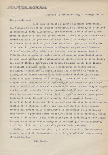 L’immagine riproduce la trascrizione a macchina della lettera di Francesco De Gregori alla moglie, scritta prima di darsi alla macchia, rifiutando di aderire alla RSI.