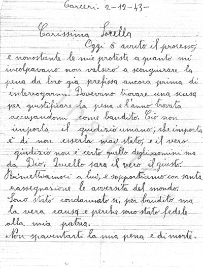 L’immagine riproduce la fotocopia della prima facciata della lettera scritta da Francesco Franchi alla sorella il giorno della sua condanna a morte.
L’originale è conservato presso l’archivio della fondazione Luigi Micheletti di Brescia.
