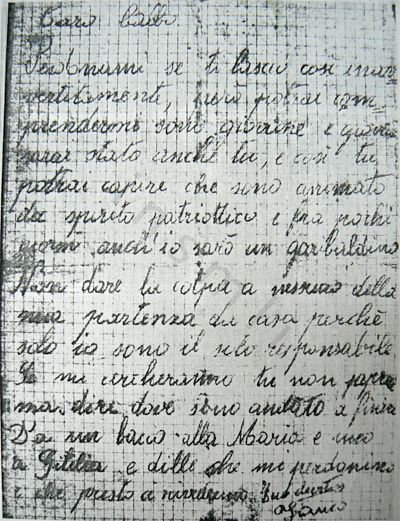 L’immagine riproduce la fotocopia dell’ultima lettera di Francesco Moretti al padre, scritta poco prima di unirsi ai partigiani della 122ª Brigata Garibaldi, nell’agosto del 1944.  