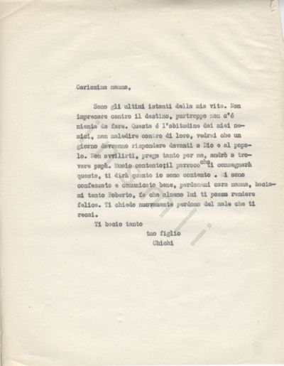 L’immagine riproduce la trascrizione a macchina dell’ultima lettera di Francesco Pretto alla madre.