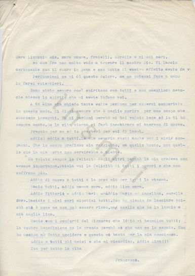 L’immagine riproduce la trascrizione a macchina dell’ultima lettera di Francesco Rossi ai suoi cari. Il documento è dattilografato in inchiostro blu.