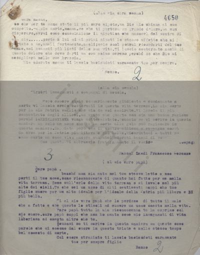 L’immagine riproduce il documento con le trascrizioni delle ultime lettere di Francesco Lorenzo Massai Landi alla nonna, ad insegnanti e compagni di scuola e al padre. Le trascrizioni delle ultime due sono oscurate per dare maggiore risalto alla lettera qui trascritta. 