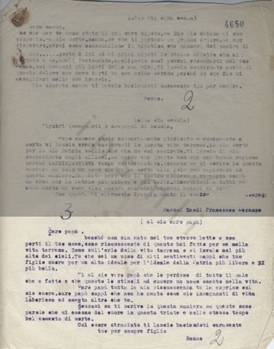 L’immagine riproduce il documento con le trascrizioni delle ultime lettere di Francesco Lorenzo Massai Landi alla nonna, ad insegnanti e compagni di scuola, al padre. Le trascrizioni delle prime due sono oscurate per dare maggiore risalto alla lettera qui trascritta. 