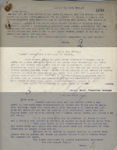 L’immagine riproduce il documento con le trascrizioni delle ultime lettere di Francesco Lorenzo Massai Landi alla nonna, ad insegnanti e compagni di scuola, al padre. Le trascrizioni della prima e dell’ultima sono oscurate per dare maggiore risalto alla lettera qui trascritta. 