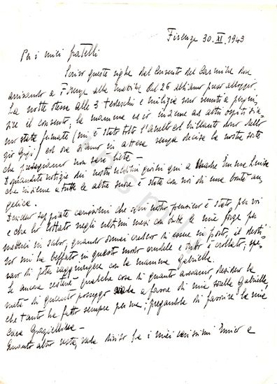 L’immagine riproduce la prima facciata della lettera scritta da Germana Ravenna ai fratelli dal Convento del Carmine di Firenze, dov’era appena stata arrestata dai nazifascisti.