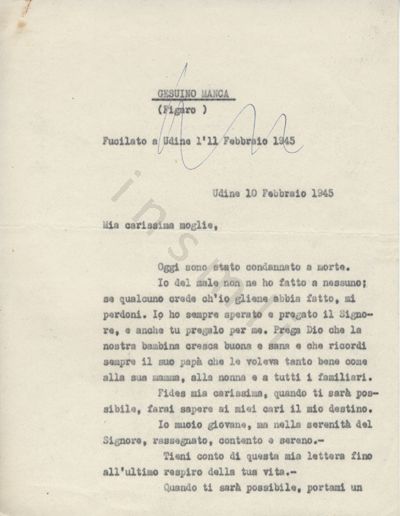 L’immagine riproduce la prima pagina della trascrizione a macchina dell’ultima lettera scritta da Gesuino Manca alla moglie.