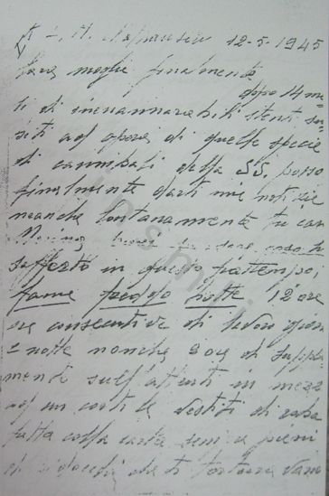L’immagine riproduce la fotocopia della prima facciata della lettera scritta da Giacomo Banfi dal lager di Mauthausen, dopo la liberazione dello stesso da parte delle truppe alleate. Il documento originale pare vergato su carta da lettera.