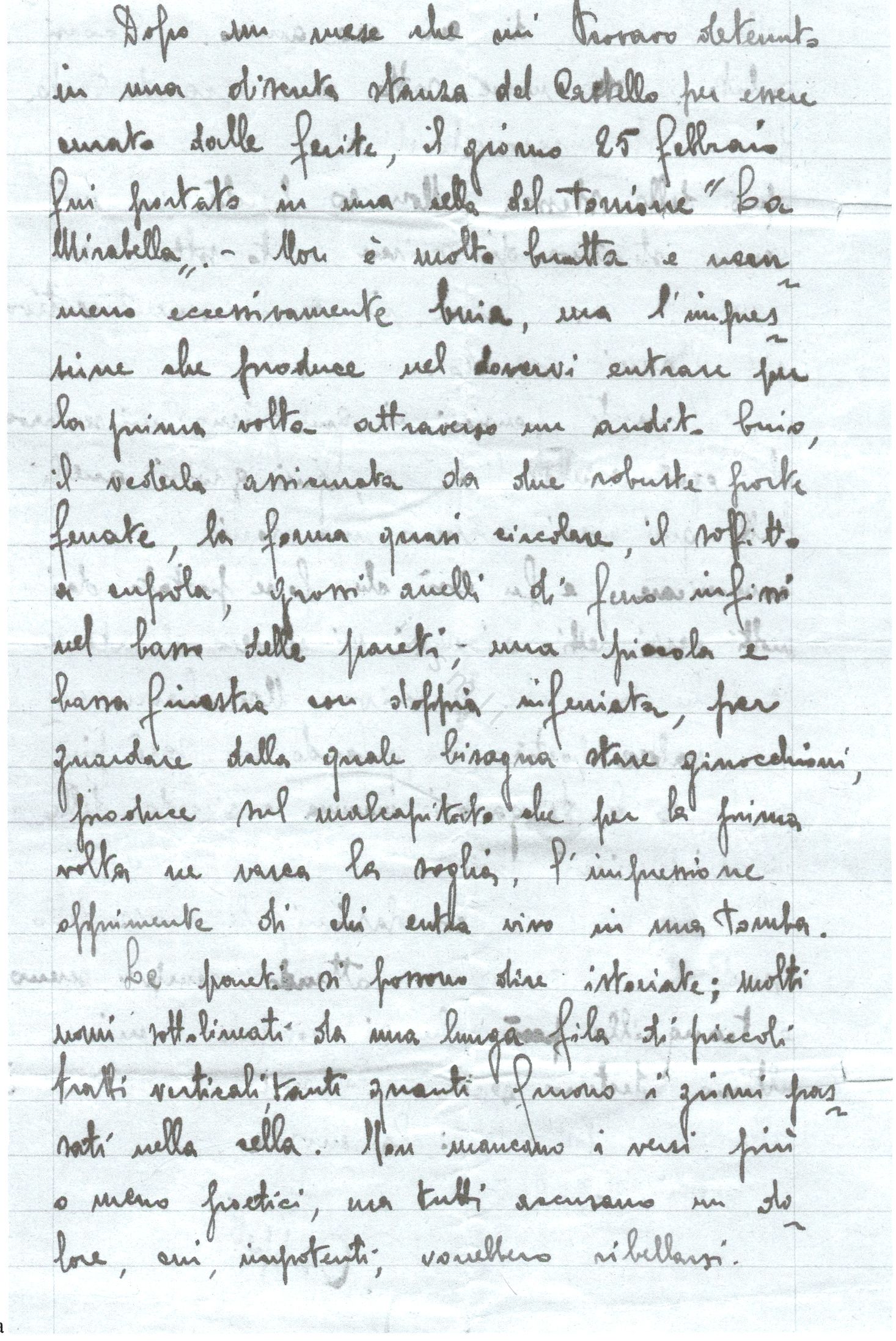 L’immagine riproduce la prima facciata della lettera scritta da Giacomo Cappellini nel castello di Brescia, il giorno prima di essere fucilato.
Il documento è scritto a penna su foglio protocollo a righe.