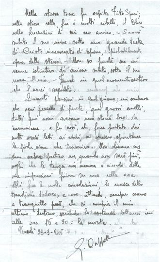 L’immagine riproduce la seconda facciata della lettera scritta da Giacomo Cappellini nel castello di Brescia, il giorno prima di essere fucilato.
Il documento è scritto a penna su foglio protocollo a righe.