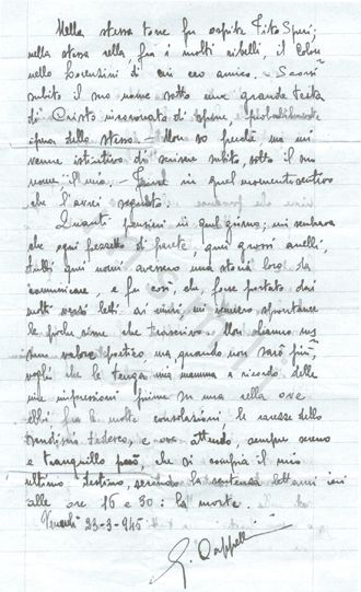 L’immagine riproduce la seconda facciata della lettera scritta da Giacomo Cappellini nel castello di Brescia, il giorno prima di essere fucilato.
Il documento è scritto a penna su foglio protocollo a righe.