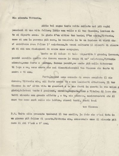 L’immagine riproduce la trascrizione a macchina dell’ultima lettera scritta da Giacomo Cappellini alla moglie Vittoria.