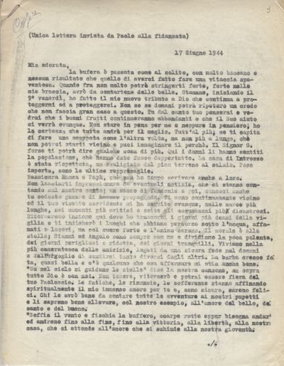 L’immagine riproduce la prima facciata della trascrizione a macchina della lettera scritta da Giampaolo Grosso alla fidanzata il 17 giugno 1944, che rappresenta anche il suo testamento spirituale.