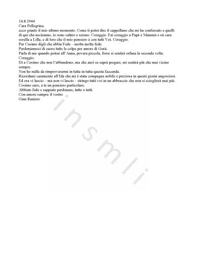 L’immagine riproduce il testo dell’ultima lettera scritta da Gian Raniero Paulucci de Calboli Ginnasi alla moglie Pellegrina.