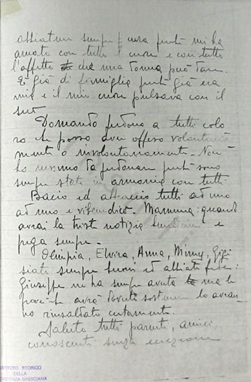 L’immagine riproduce la fotocopia della terza facciata dell’ultima lettera di Giacomo Perlasca alla madre, scritta dal carcere di Brescia il giorno prima di essere fucilato. Il documento originale è probabilmente stato scritto sulle 4 facciate di un foglio a righe. Nell’angolo in basso a destra si può notare il timbro dell"Istituto storico della Resistenza bresciana".