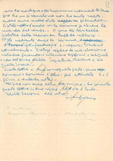 L’immagine riproduce la terza facciata della lettera di Gianfranco Sarfatti ai genitori, scritta il giorno prima di tornare in Italia per unirsi alle formazioni partigiane.
Il documento è scritto in penna blu, eccezion fatta per le ultime tre righe, vergate a matita.
