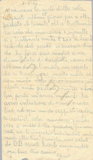 L’immagine riproduce la seconda facciata dell’ultima lettera di Luigi Giulio (detto Gino) Marzagalli, scritta all’amico Achille Boselli dal carcere di San Vittore. Il documento è scritto con un pastello verdastro. La data in alto, in matita, è stata inserita probabilmente da una mano diversa da quella dell’autore della missiva.