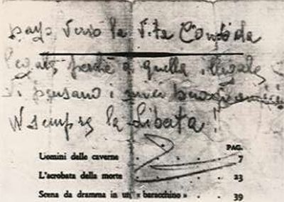 L’immagine riproduce la seconda facciata dell’ultimo messaggio di Gino Tommasi ai compagni di lotta, scritto, come si nota dalle scritte alla fine del testo, negli spazi bianchi dell’indice di un libro.