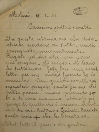 L’immagine riproduce la trascrizione a mano dell’ultima lettera di Giovanni Bova ai familiari, scritta poco prima della sua esecuzione. Il documento è scritto in penna nera su un foglio a righe.