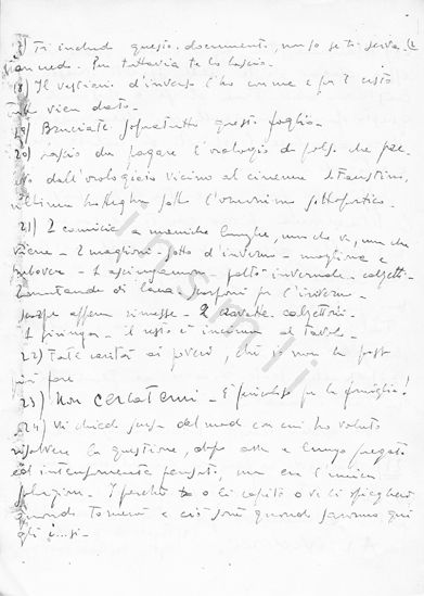 L’immagine riproduce la fotocopia della diciassettesima facciata del testamento spirituale di Giorgio Mainadi, scritto ai genitori poco prima di unirsi ai partigiani. Trattasi della terza facciata del secondo messaggio, scritto il 12 ottobre 1943. Il documento originale è scritto sul fronte di un foglio bianco.